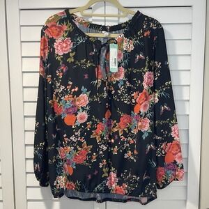Sweet Grey Billie Split Neck Blouse Black Floral XXL NWT Stitch Fix Exclusive‎